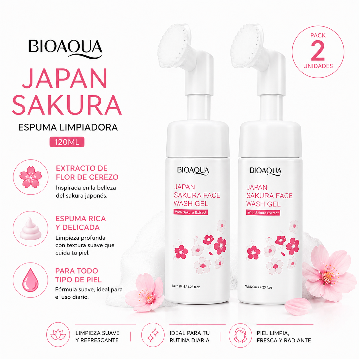 PACK 2 ESPUMA LIMPIADORA JAPAN SAKURA 120ML BIOAQUA - 1
