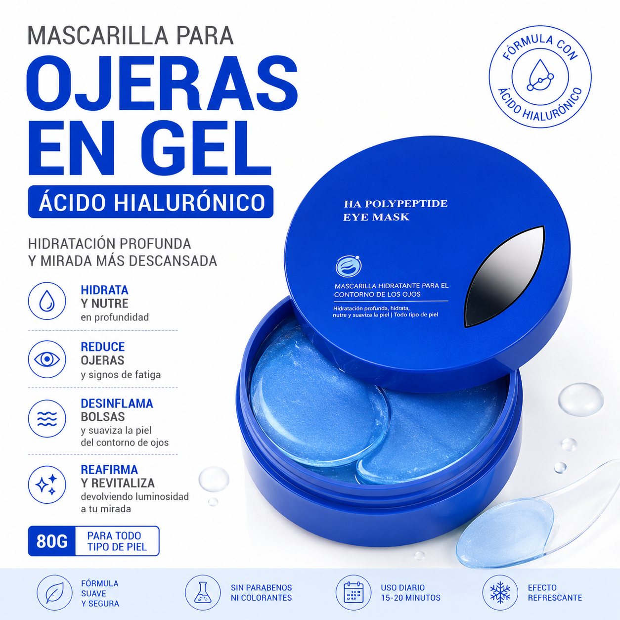 PARCHES PARA OJERAS EN GEL – ÁCIDO HIALURÓNICO 80G BIOAQUA - 1