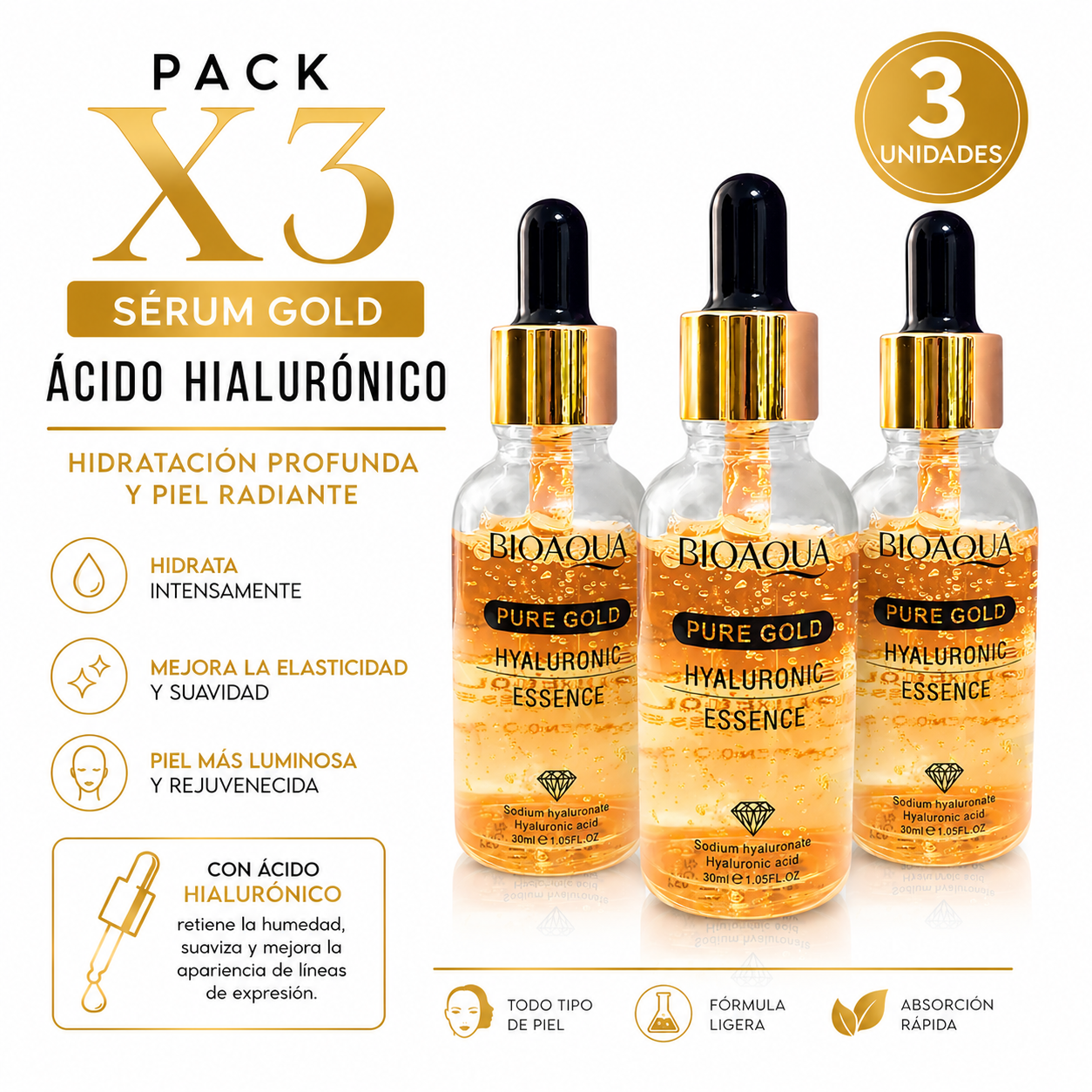 PACK 2 SÉRUM GOLD ÁCIDO HIALURÓNICO 30ML BIOAQUA - 1