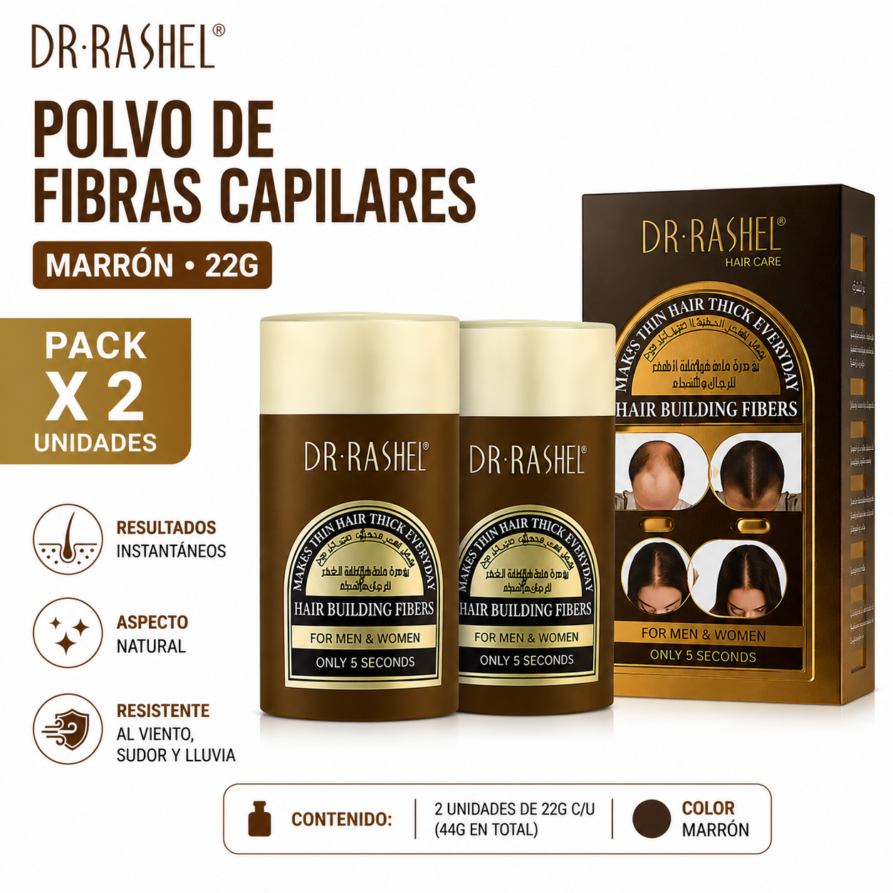 PACK 2 POLVO DE FIBRAS CAPILARES MARRÓN 22G DR RASHEL - 1