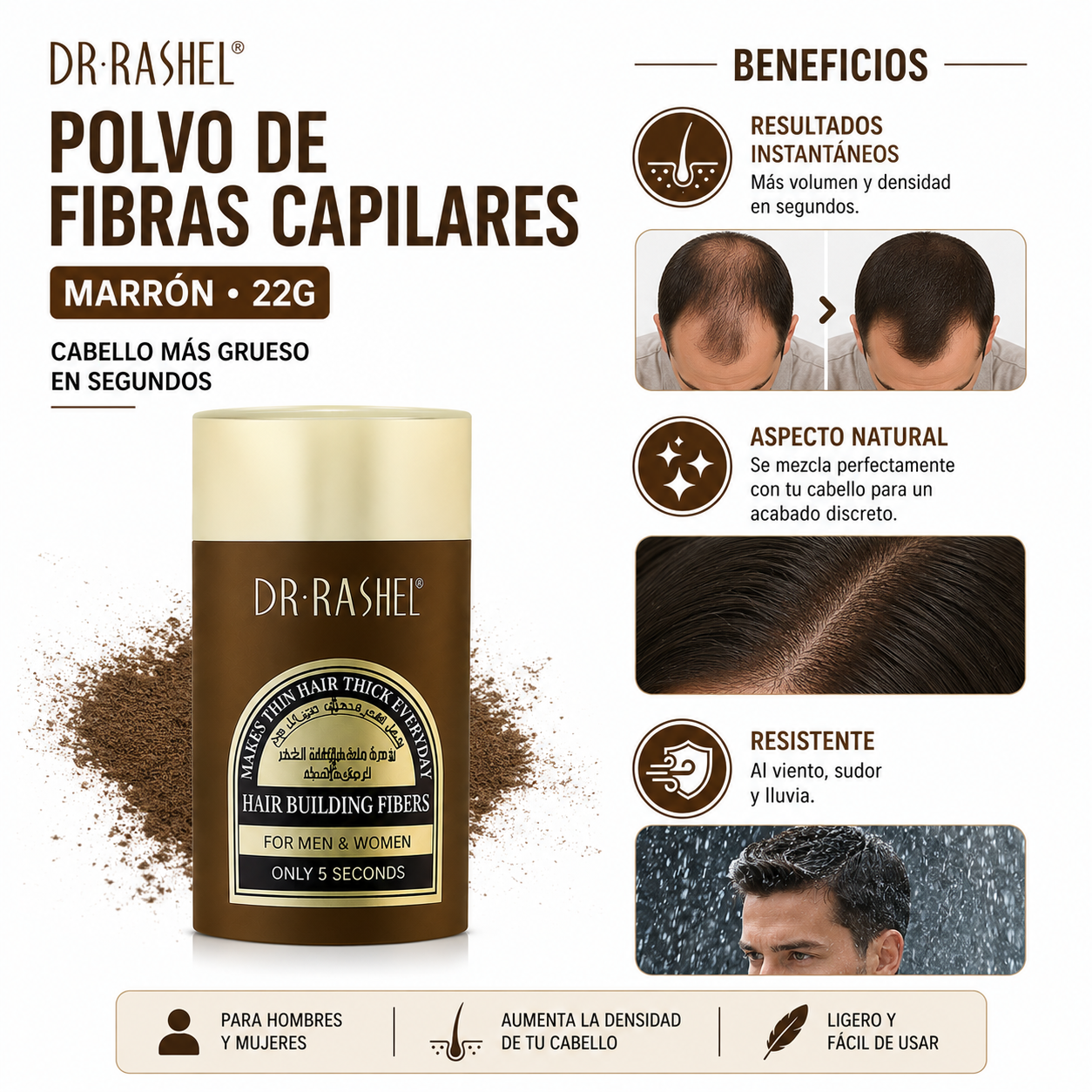 PACK 2 POLVO DE FIBRAS CAPILARES MARRÓN 22G DR RASHEL - 2
