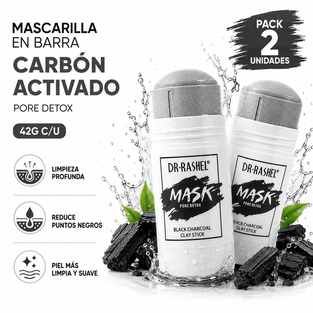 PACK 2 MASCARILLA EN BARRA CARBÓN ACTIVADO 42G DR RASHEL - 1
