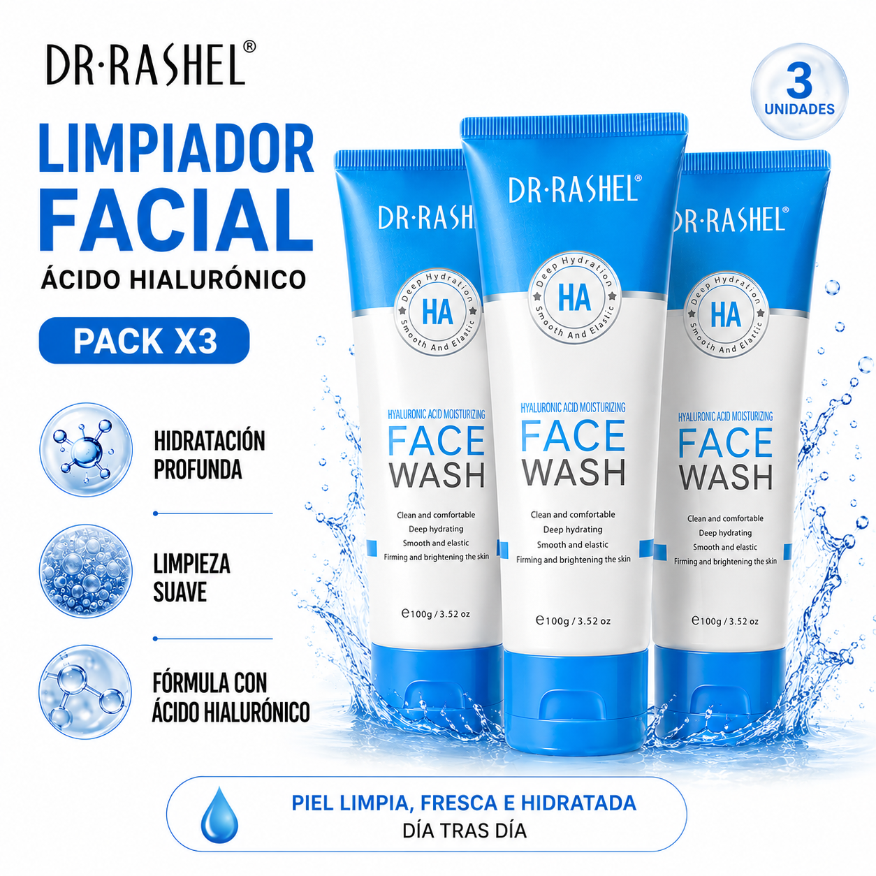 PACK 3 LIMPIADOR FACIAL ÁCIDO HIALURÓNICO 100G DR RASHEL - 1