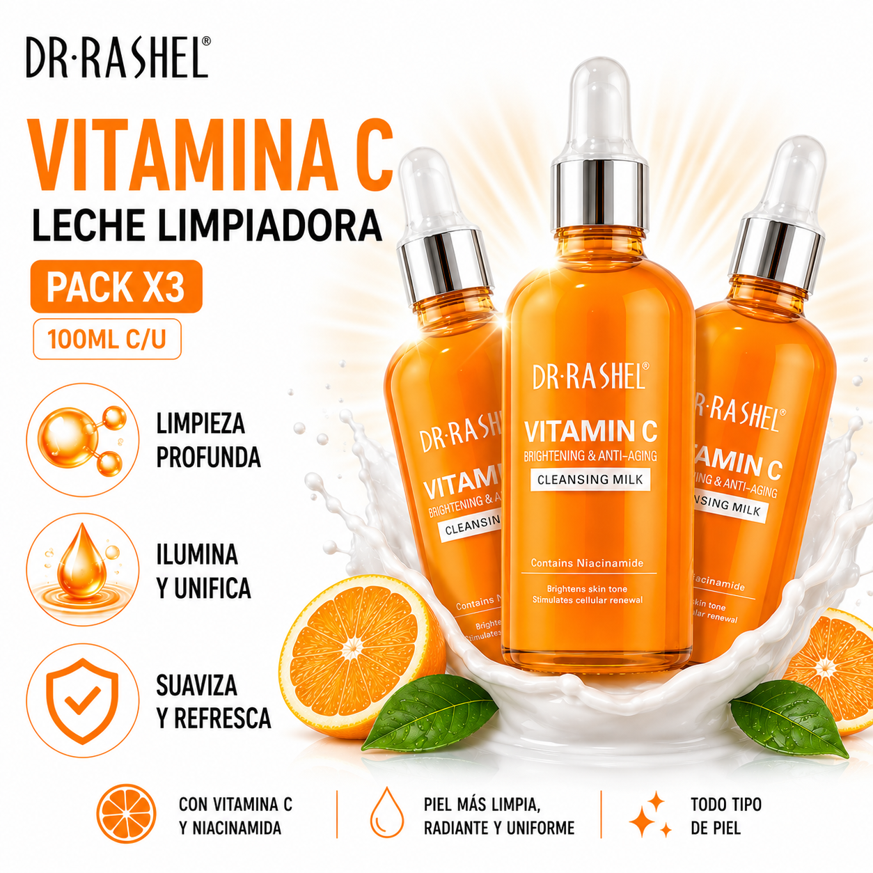 PACK 3 LECHE LIMPIADORA VITAMINA C 100ML DR RASHEL - 1