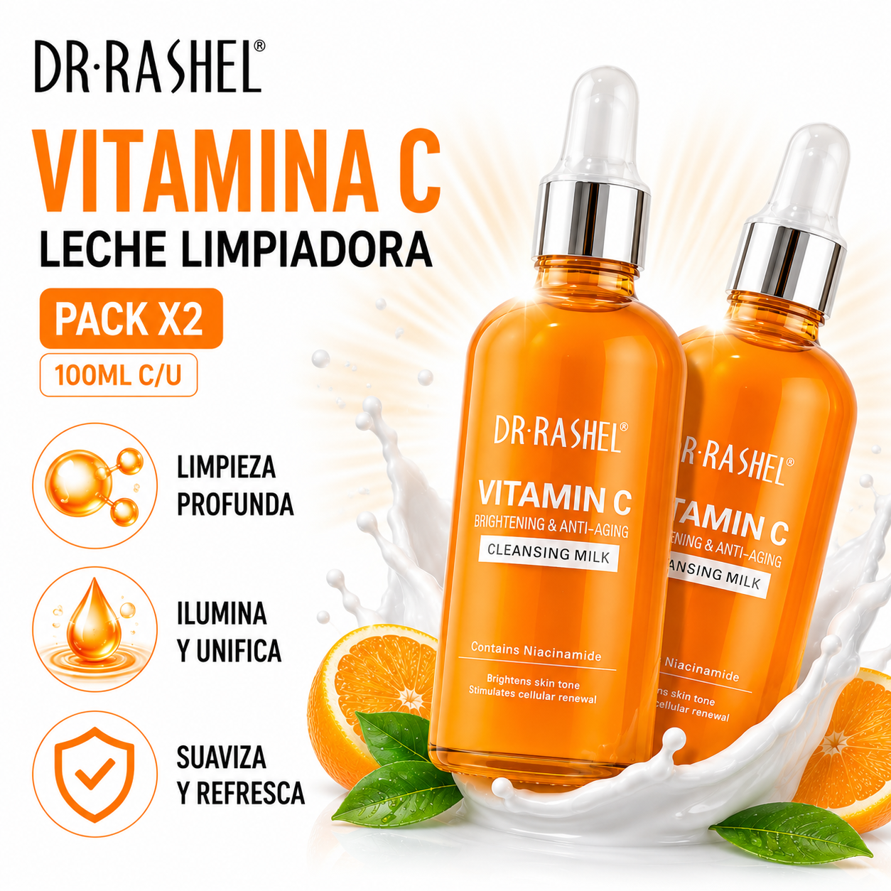 PACK 2 LECHE LIMPIADORA VITAMINA C 100ML DR RASHEL - 1