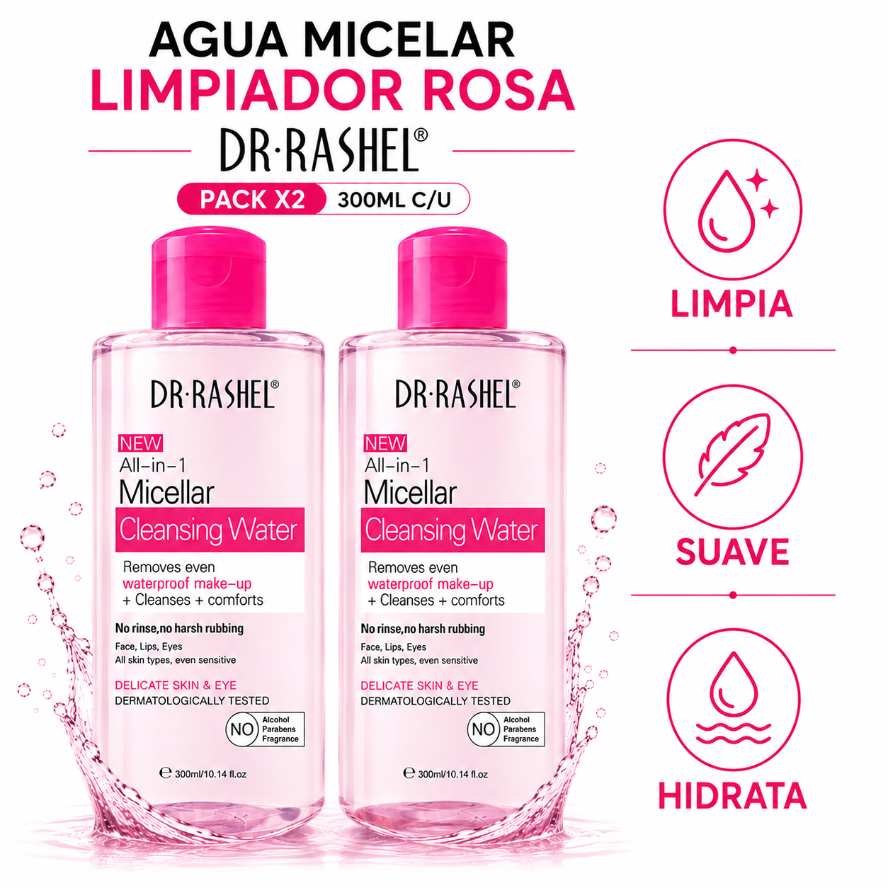 PACK 2 AGUA MICELAR LIMPIADOR ROSA 300ML DR RASHEL - 1