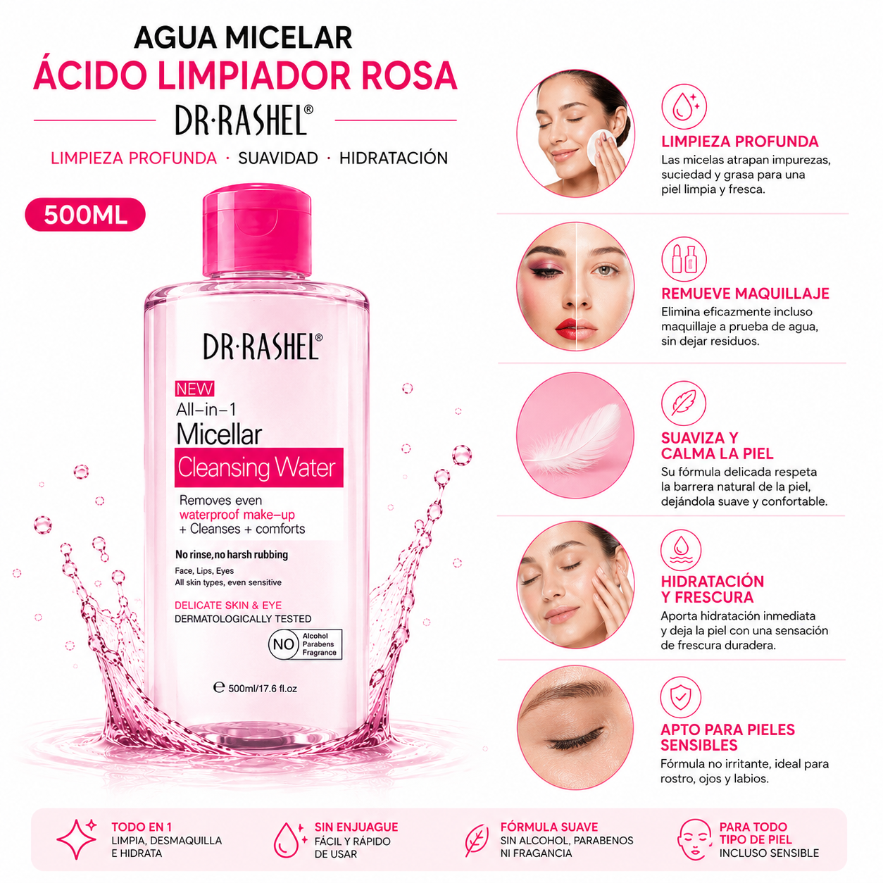 PACK 2 AGUA MICELAR LIMPIADOR ROSA 300ML DR RASHEL - 2