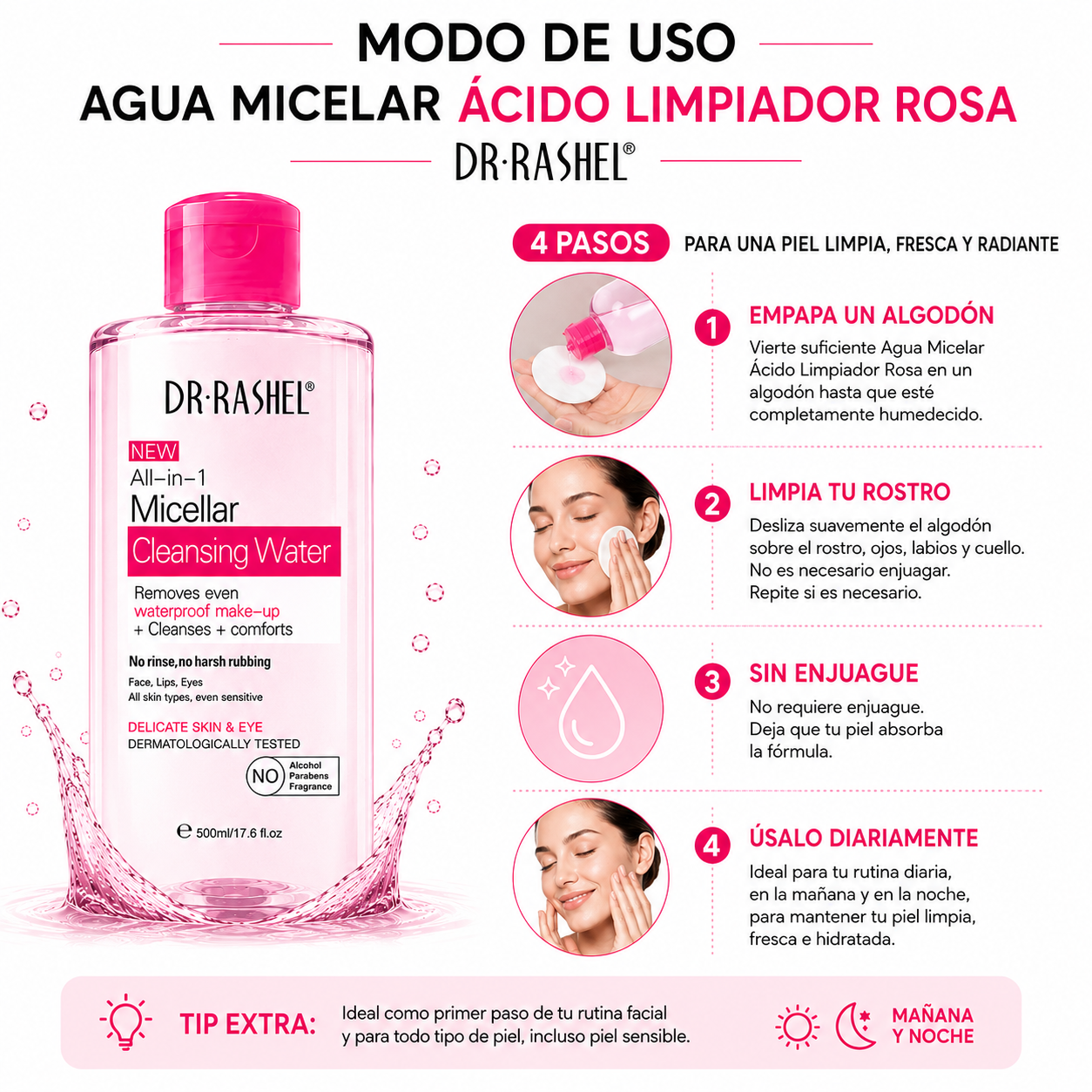 PACK 2 AGUA MICELAR LIMPIADOR ROSA 300ML DR RASHEL - 3