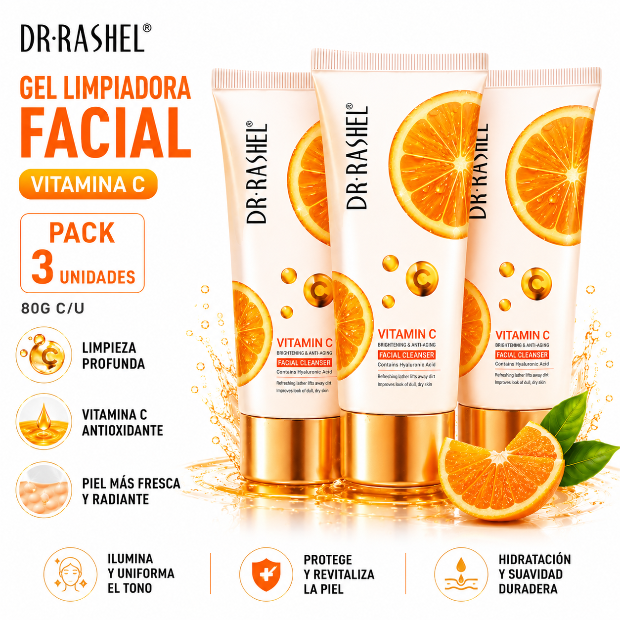 PACK 3 GEL LIMPIADORA FACIAL VITAMINA C 80G DR RASHEL - 1
