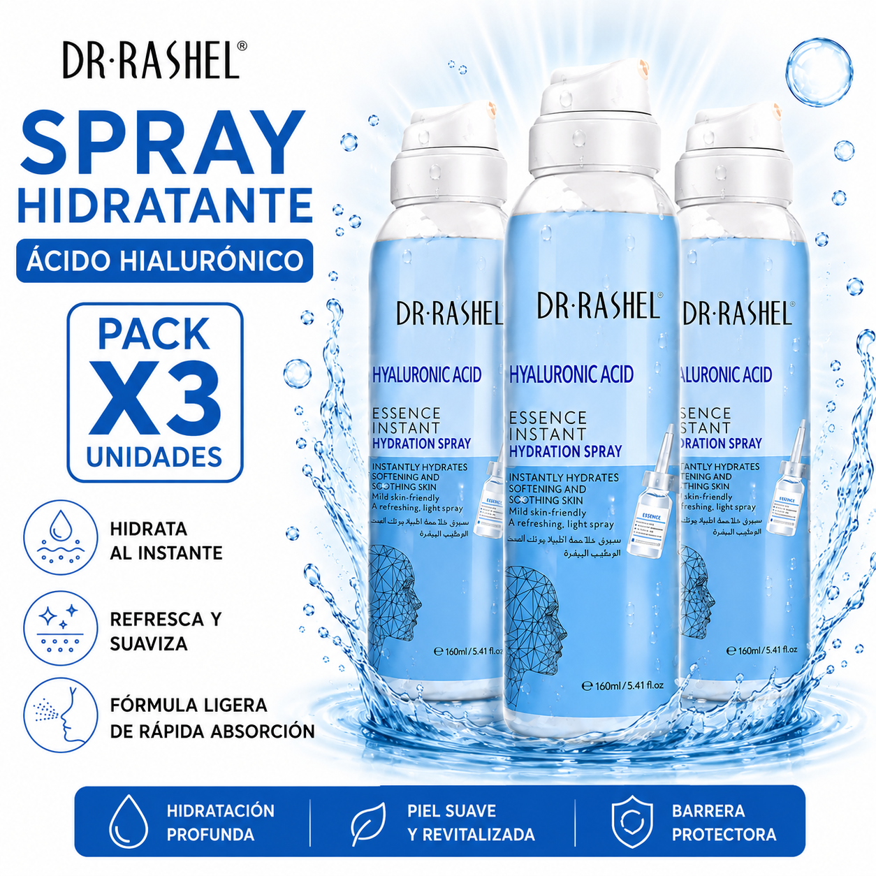 PACK 3 SPRAY HIDRATANTE ÁCIDO HIALURÓNICO 160ML DR RASHEL - 1