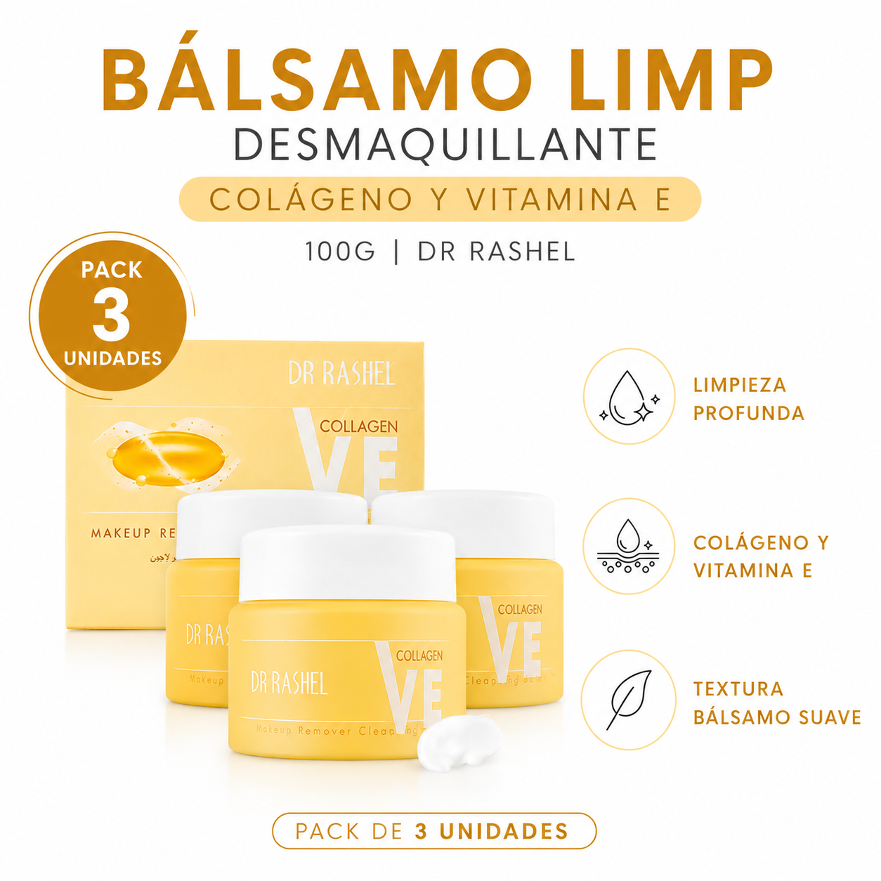 PACK 3 BÁLSAMO LIMP DESMAQUILLANTE COLÁGENO VITAMINA E 100G DR RASHEL - 1