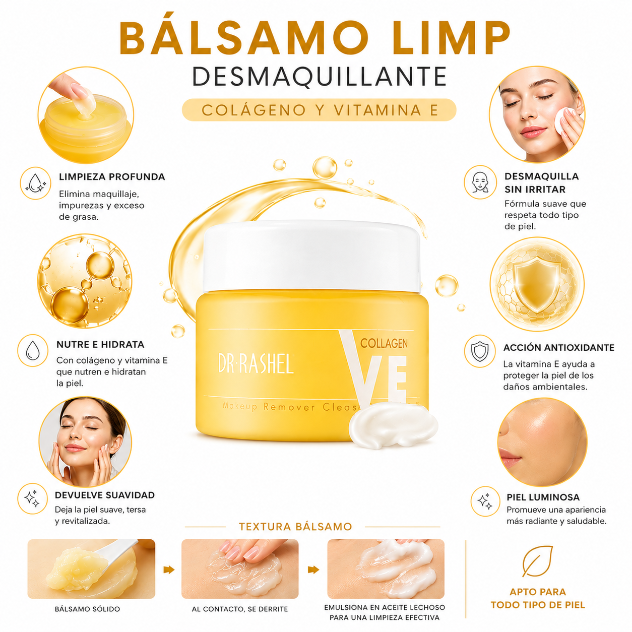 PACK 3 BÁLSAMO LIMP DESMAQUILLANTE COLÁGENO VITAMINA E 100G DR RASHEL - 2