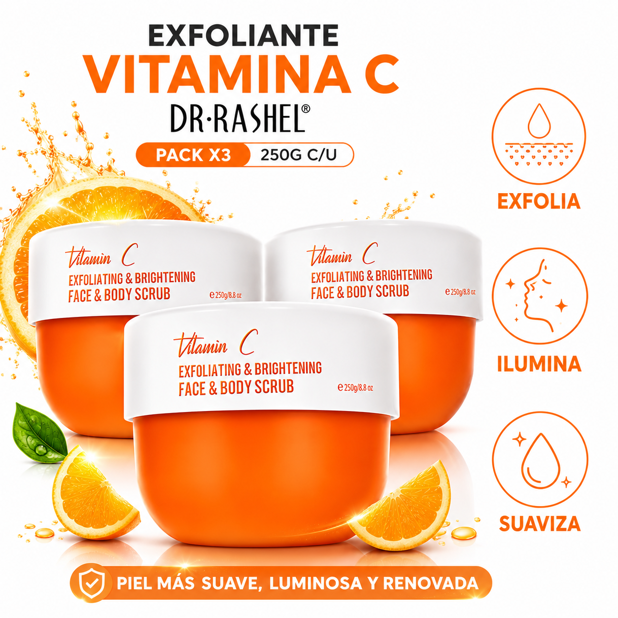 PACK 3 EXFOLIANTE CORPORAL Y FACIAL VITAMINA C 250G DR RASHEL - 1