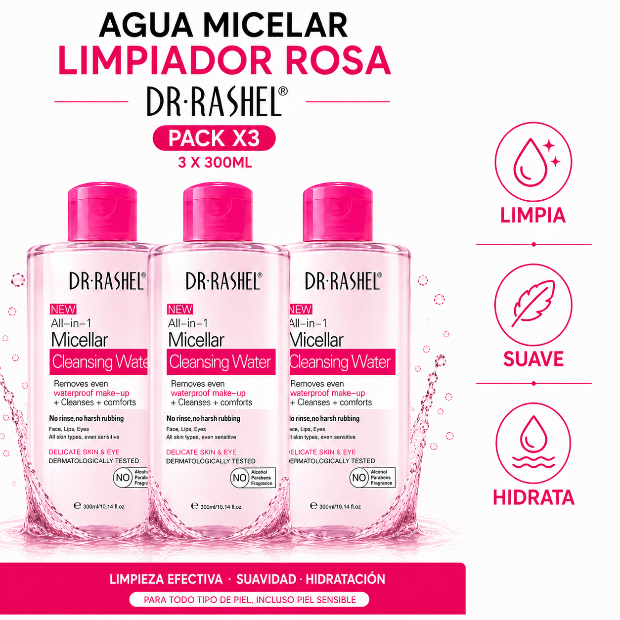 PACK 3 AGUA MICELAR LIMPIADOR ROSA 300ML DR RASHEL - 1