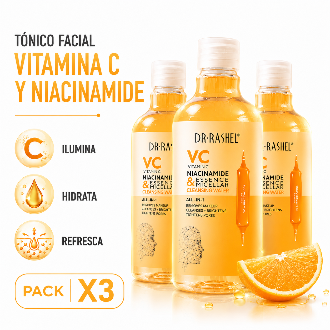 PACK 3 TÓNICO FACIAL VITAMINA C Y NIACINAMIDE 500ML DR RASHEL - 1