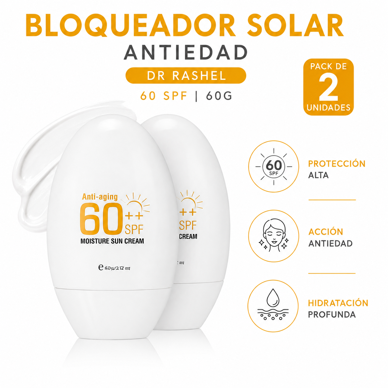 PACK 2 BLOQUEADOR SOLAR ANTIEDAD 60SPF 60G DR RASHEL - 1