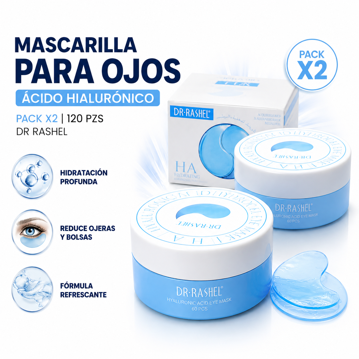 PACK 2 MASCARILLA PARA OJOS ÁCIDO HIALURÓNICO 60 PZS DR RASHEL - 1