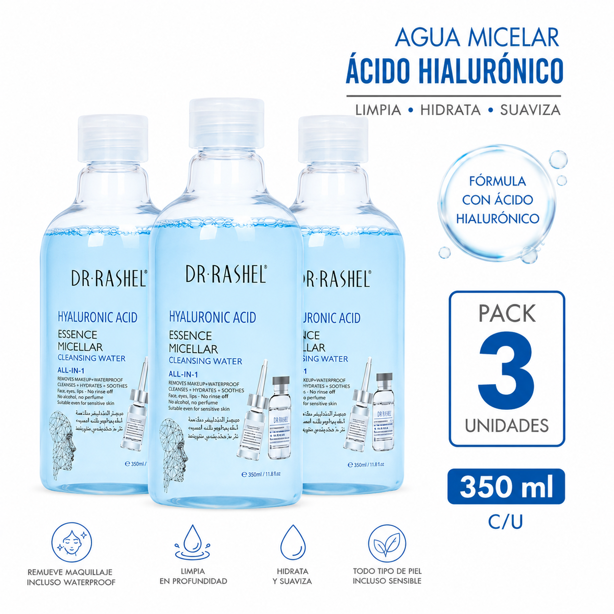 PACK 3 AGUA MICELAR ÁCIDO HIALURÓNICO 350ML DR RASHEL - 1