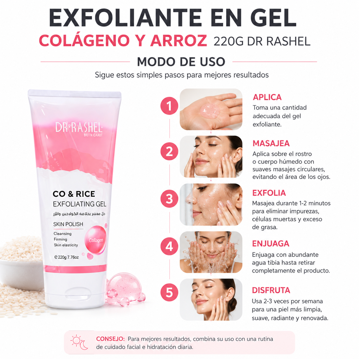 PACK 2 EXFOLIANTE EN GEL COLÁGENO Y ARROZ 220G DR RASHEL - 3