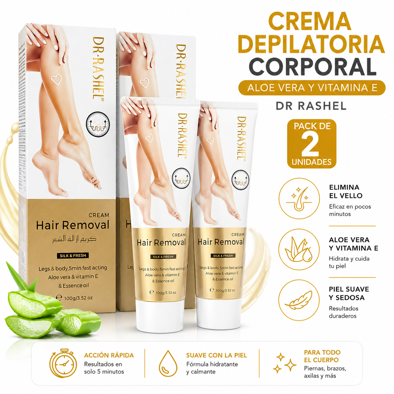 PACK 2 CREMA DEPILATORIA CORPORAL ALOE VERA Y VITAMINA E 100G DR RASHEL - 1