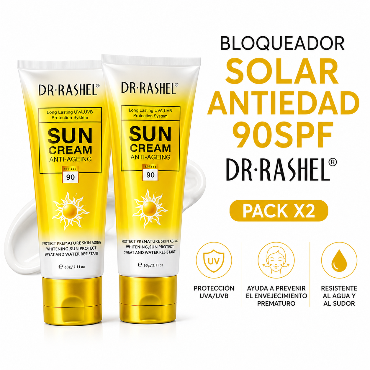 PACK 2 BLOQUEADOR SOLAR ANTIEDAD 90SPF 60G DR RASHEL - 1