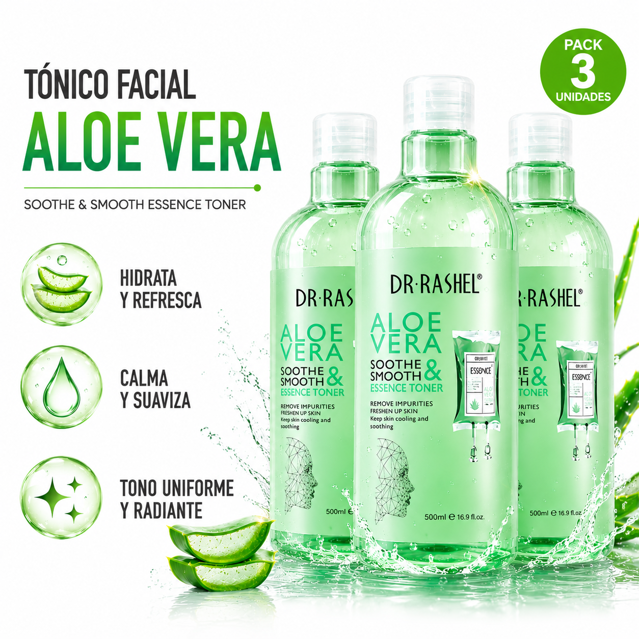 PACK 3 TÓNICO FACIAL ALOE VERA 500ML DR RASHEL - 1