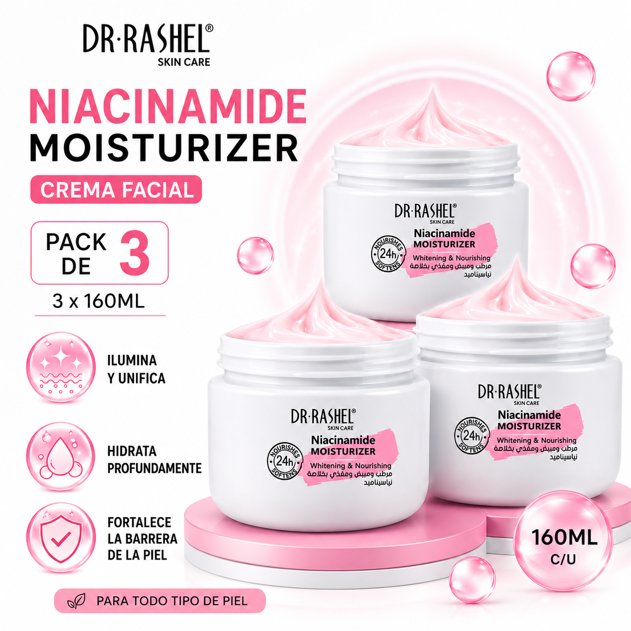 PACK 3 CREMA FACIAL NIACINAMIDE MOISTURIZER 160ML DR RASHEL - 1