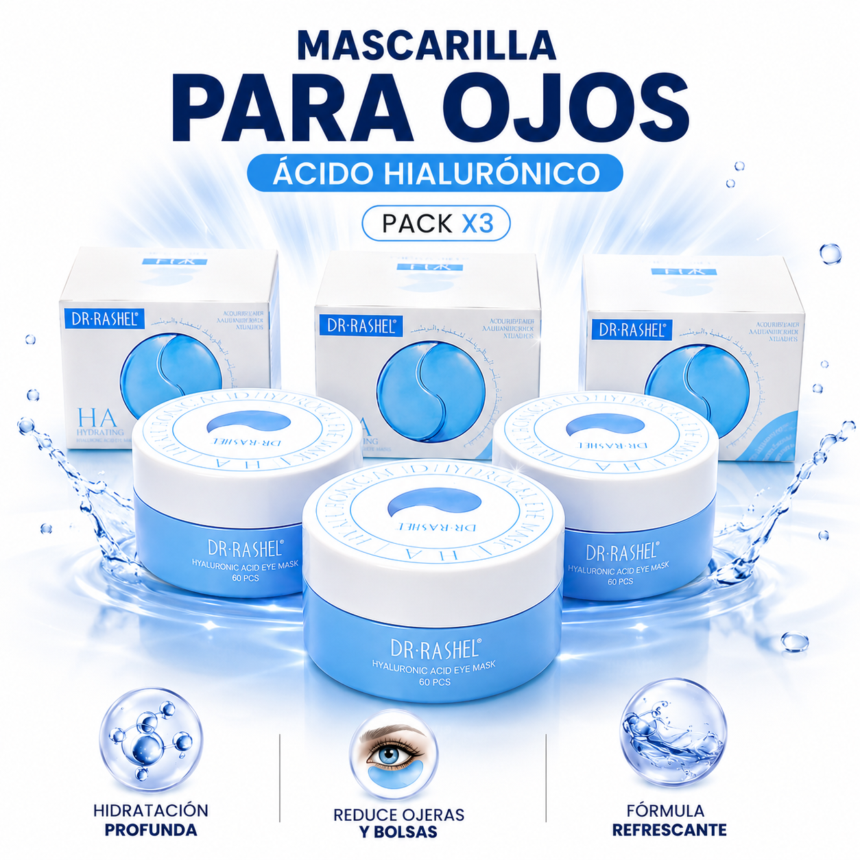 PACK 3 MASCARILLA PARA OJOS ÁCIDO HIALURÓNICO 60 PZS DR RASHEL - 1
