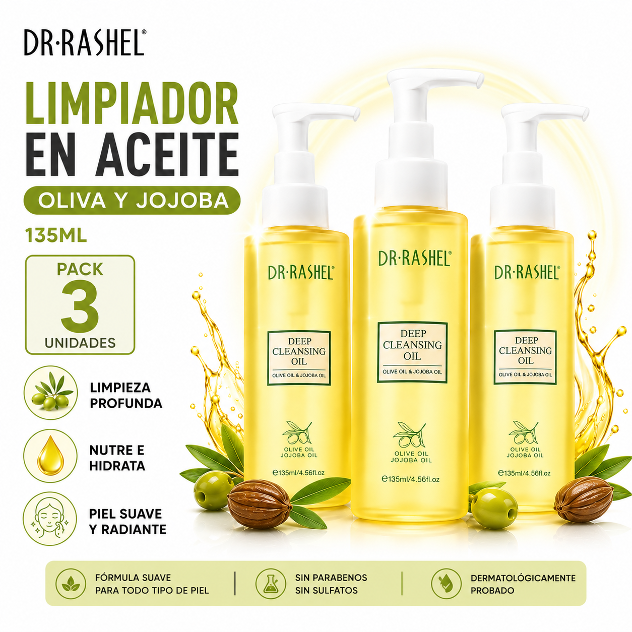 PACK 3 LIMPIADOR EN ACEITE OLIVA Y JOJOBA 135ML DR RASHEL - 1
