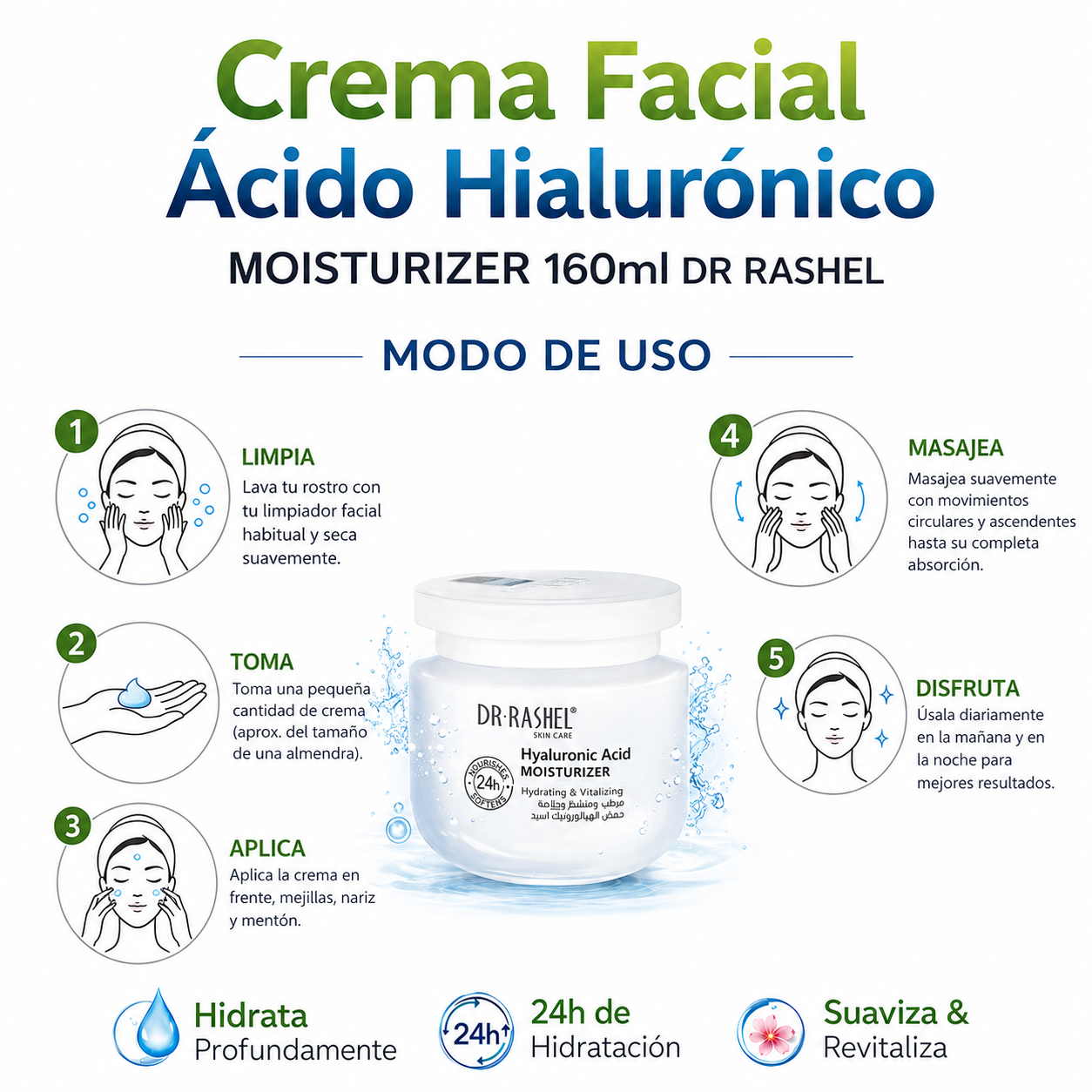 PACK 3 CREMA FACIAL ÁCIDO HIALURÓNICO MOISTURIZER 160ML DR RASHEL - 3