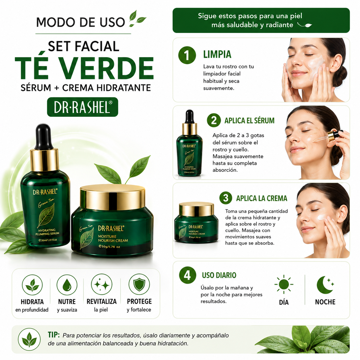 SET FACIAL TÉ VERDE SERUM Y CREMA HIDRATANE 50G DR RASHEL - 3