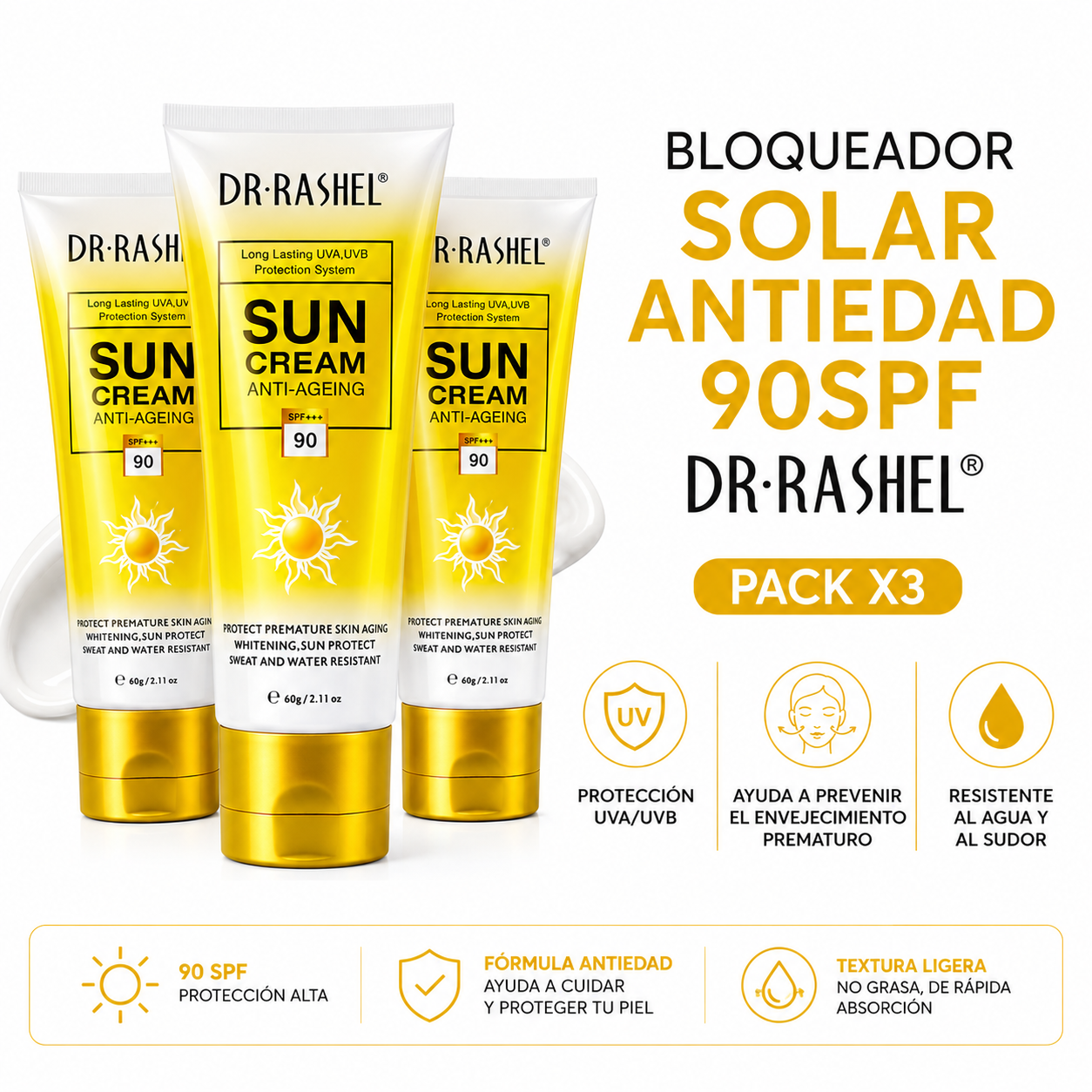 PACK 3 BLOQUEADOR SOLAR ANTIEDAD 90SPF 60G DR RASHEL - 1
