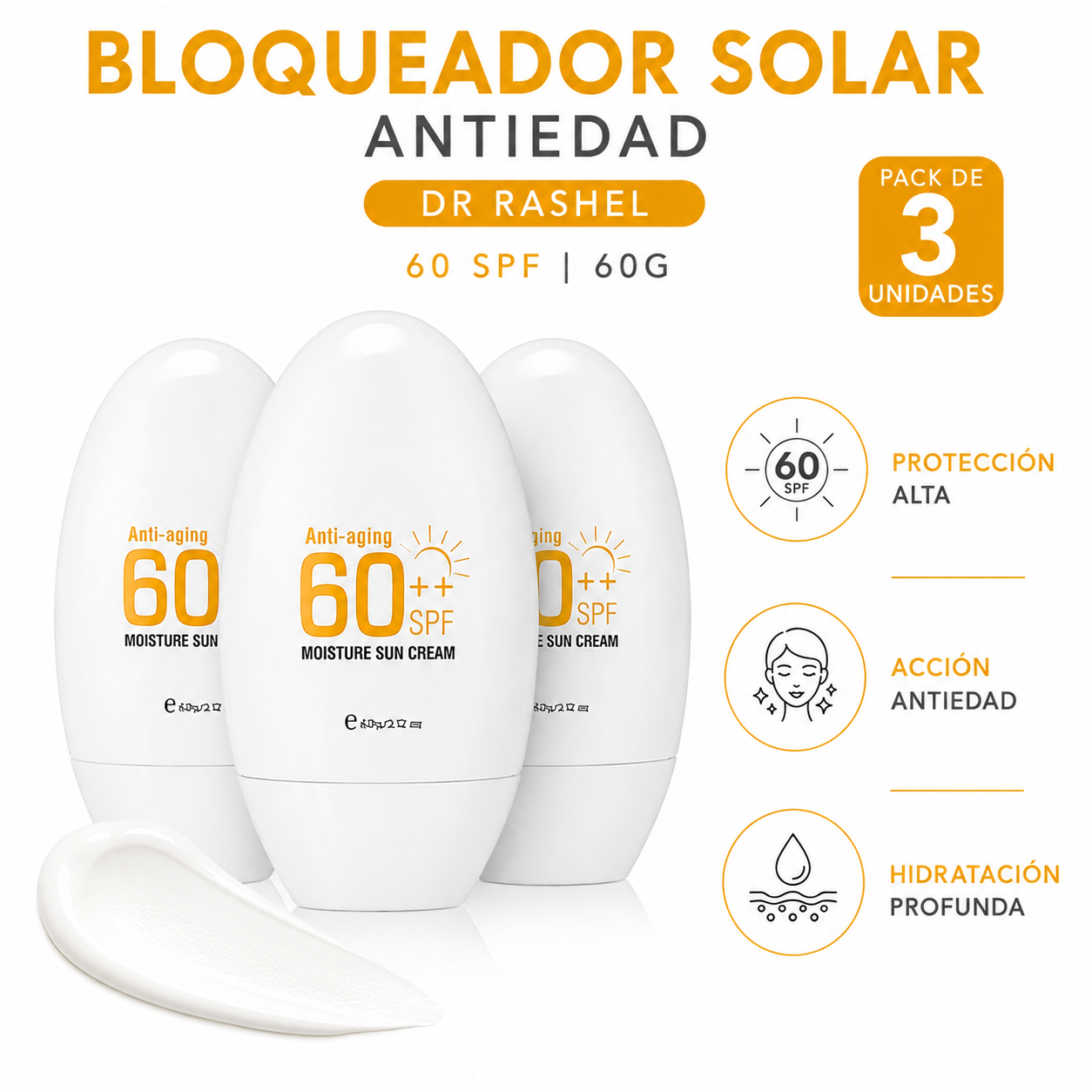 PACK 3 BLOQUEADOR SOLAR ANTIEDAD 60SPF 60G DR RASHEL - 1