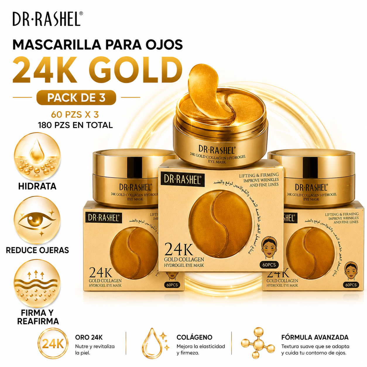PACK 3 MASCARILLA PARA OJOS 24K GOLD 60 PZS DR RASHEL - 1