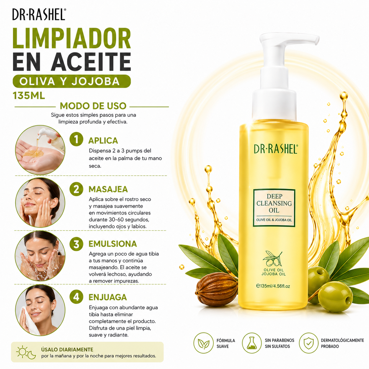 LIMPIADOR EN ACEITE OLIVA Y JOJOBA 135ML DR RASHEL - 3