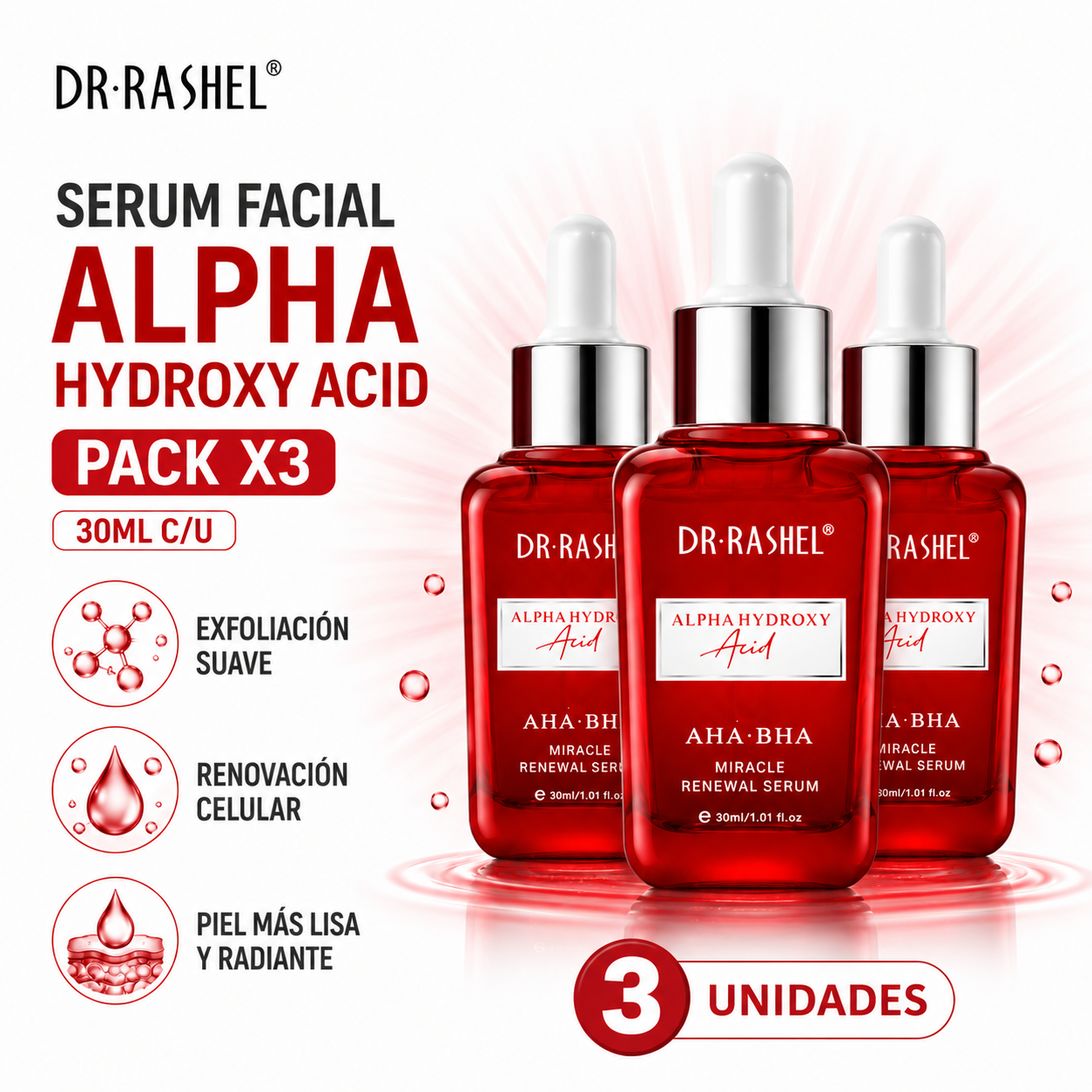 PACK 3 SERUM FACIAL ALPHA HYDROXY ACID 30ML DR RASHEL - 1