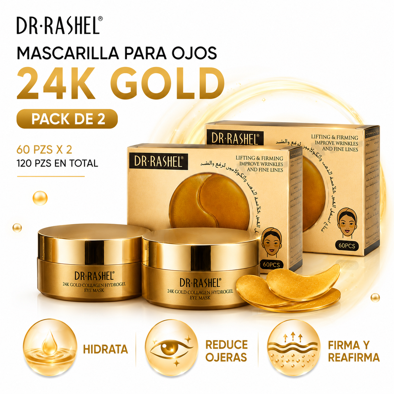 PACK 2 MASCARILLA PARA OJOS 24K GOLD 60 PZS DR RASHEL - 1