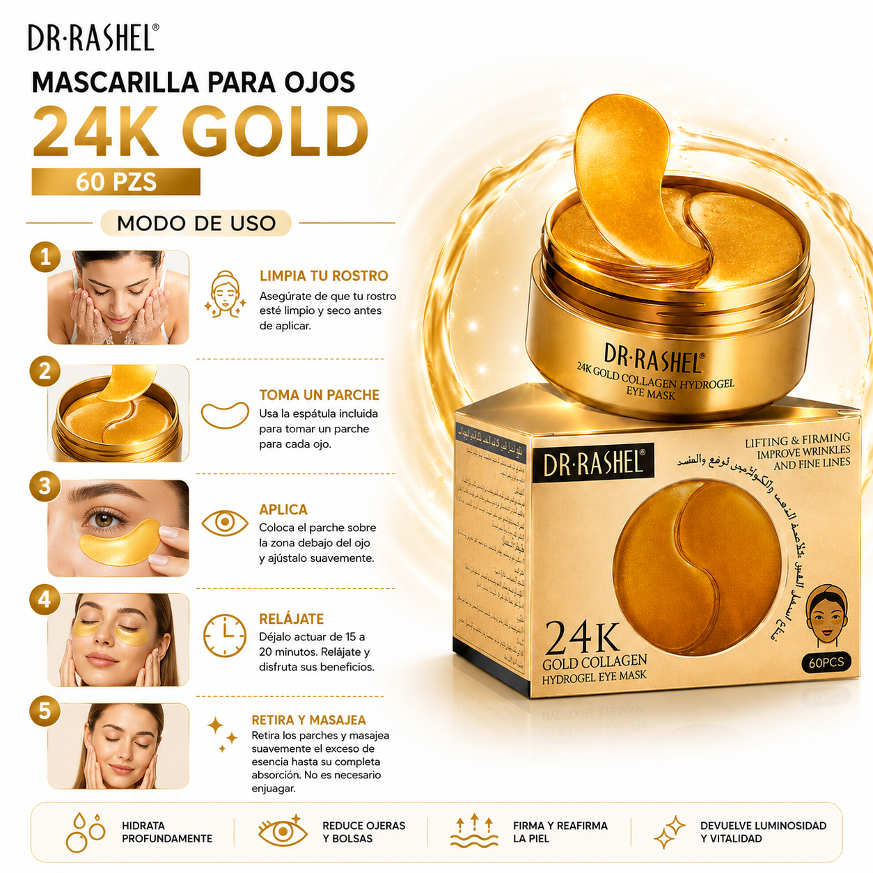 PACK 2 MASCARILLA PARA OJOS 24K GOLD 60 PZS DR RASHEL - 3
