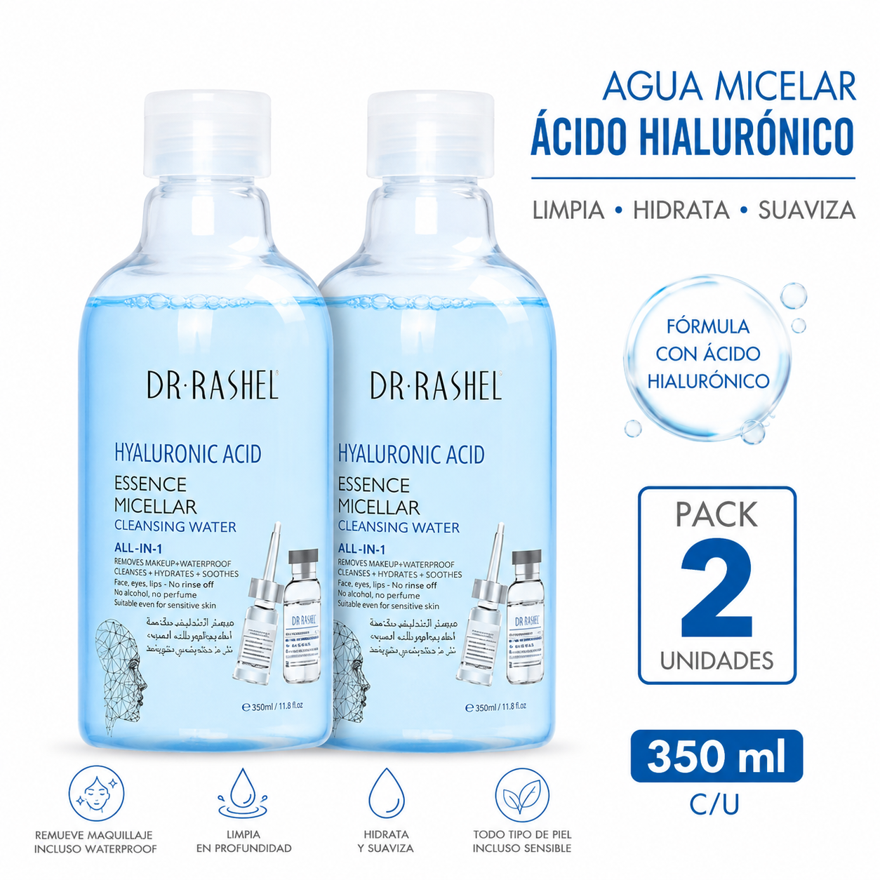 PACK 2 AGUA MICELAR ÁCIDO HIALURÓNICO 350ML DR RASHEL - 1