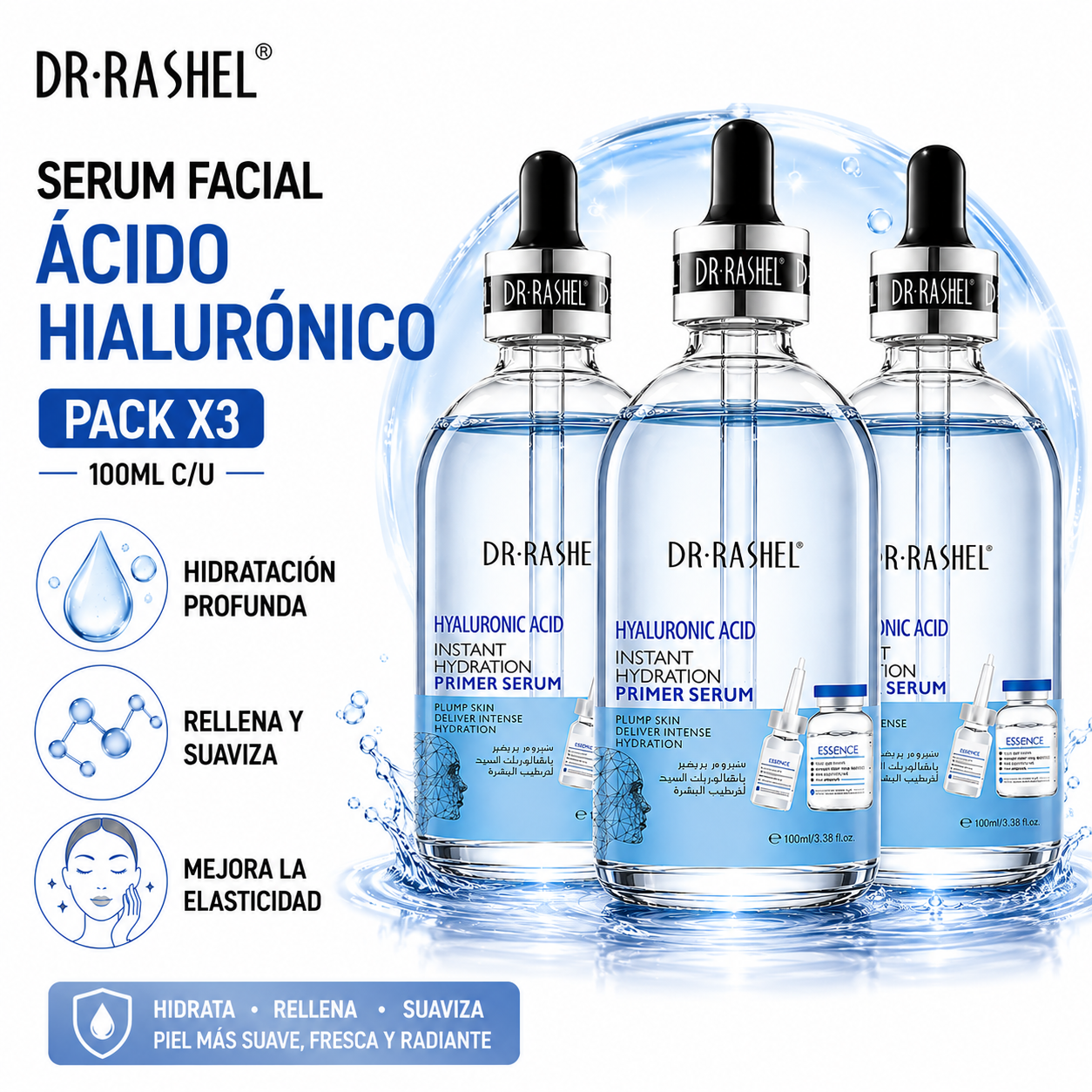 PACK 3 SERUM FACIAL ÁCIDO HIALURÓNICO 100ML DR RASHEL - 1