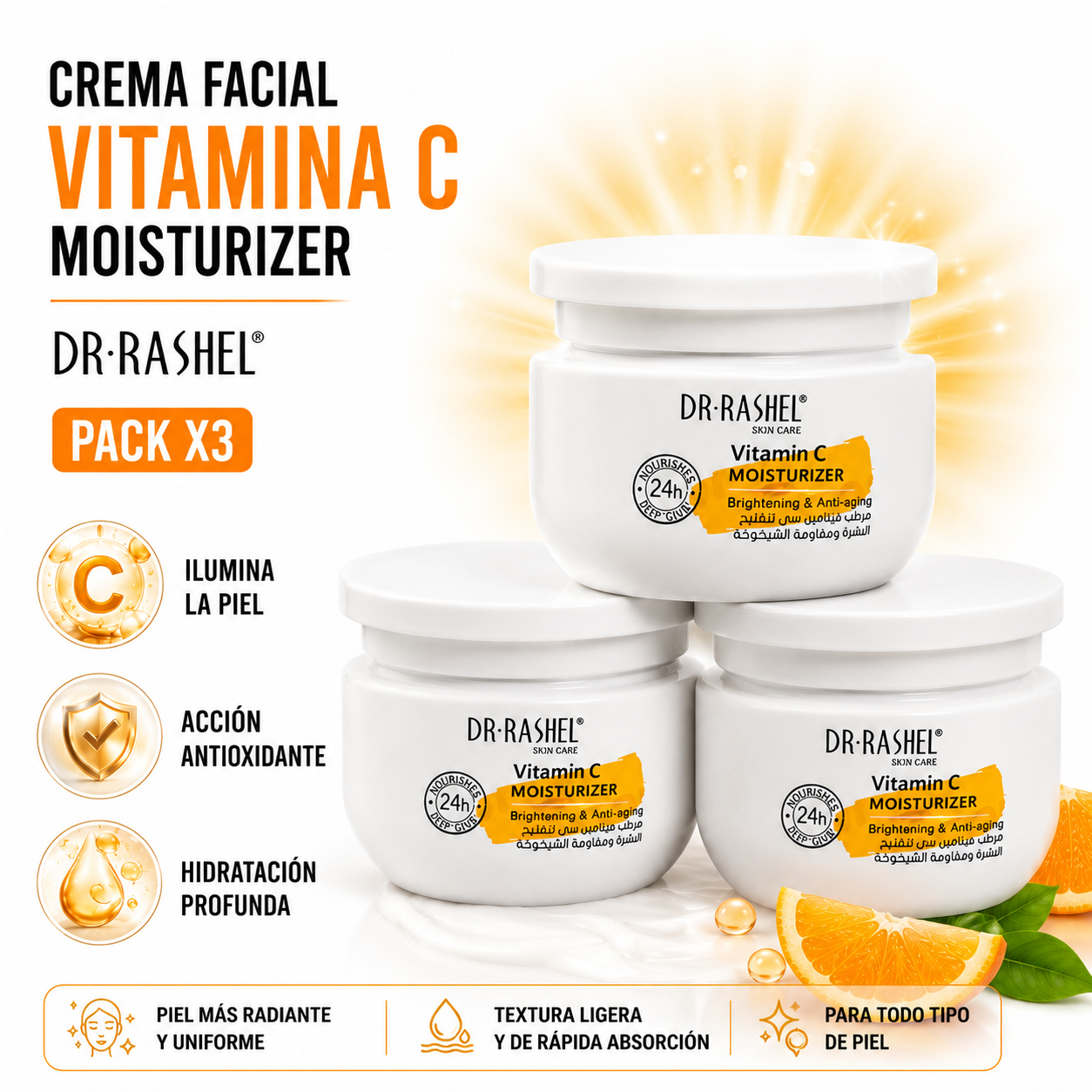 PACK 3 CREMA FACIAL VITAMINA C MOISTURIZER 160ML DR RASHEL - 1