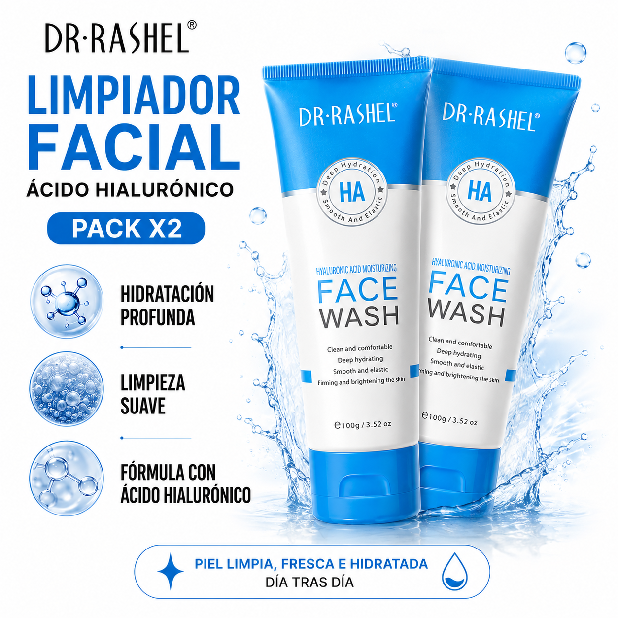 PACK 2 LIMPIADOR FACIAL ÁCIDO HIALURÓNICO 100G DR RASHEL - 1