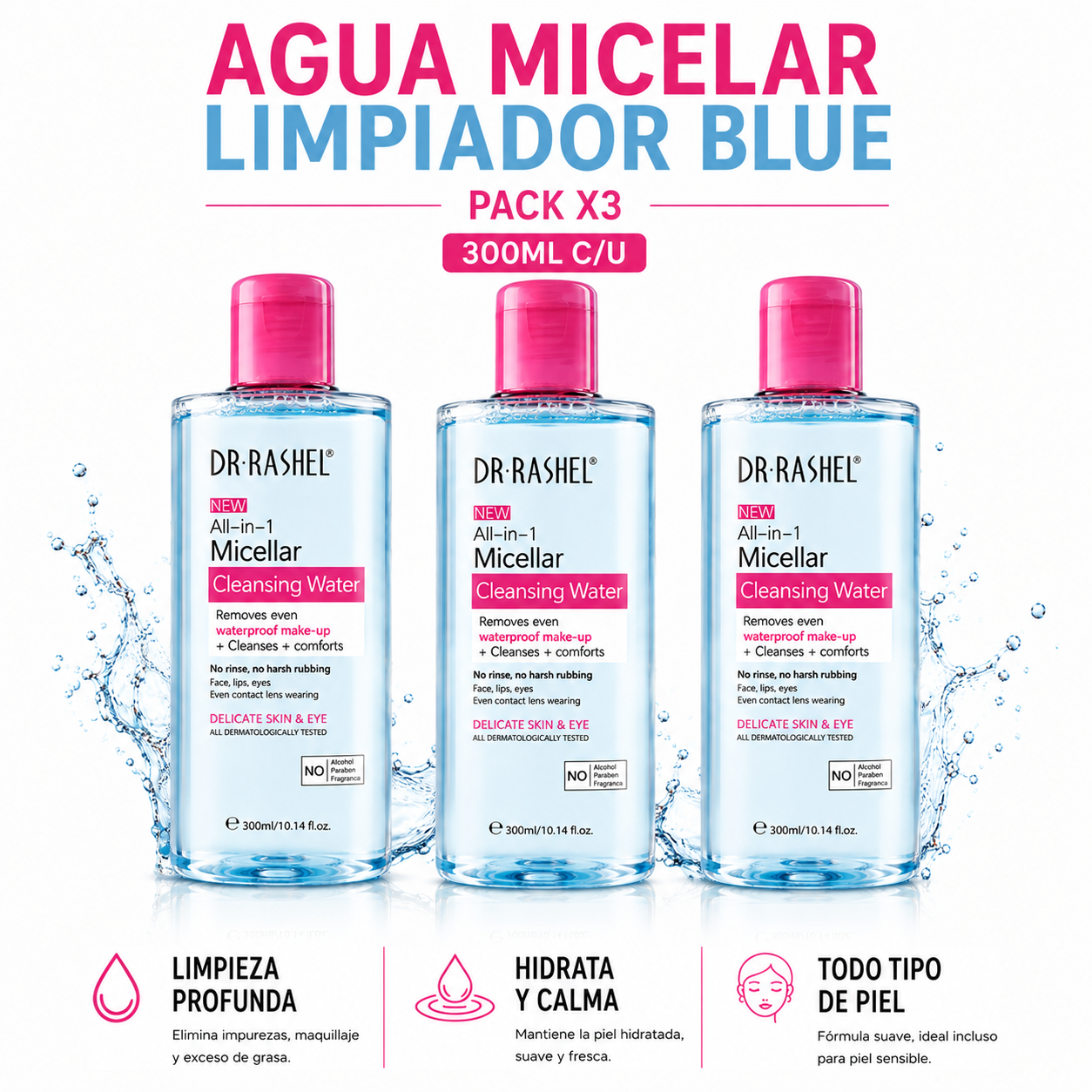 PACK 3 AGUA MICELAR LIMPIADOR BLUE 300ML DR RASHEL - 1
