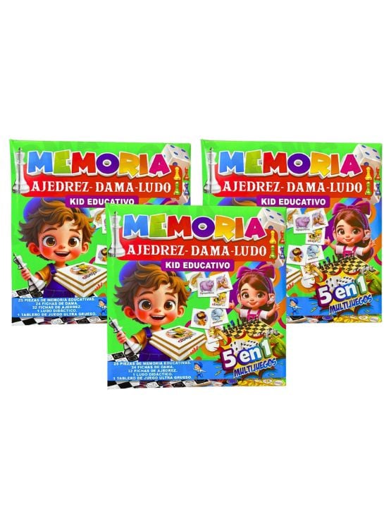 PACK 3 KIT EDUCATIVO JUEGO 5 EN 1: MEMORIA, AJEDREZ, DAMAS Y LUDO - 1