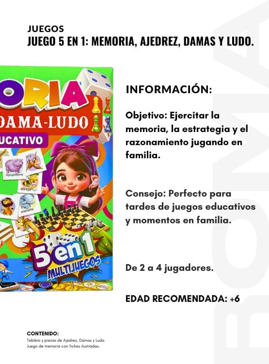 PACK 2 KIT EDUCATIVO JUEGO 5 EN 1: MEMORIA, AJEDREZ, DAMAS Y LUDO - 2