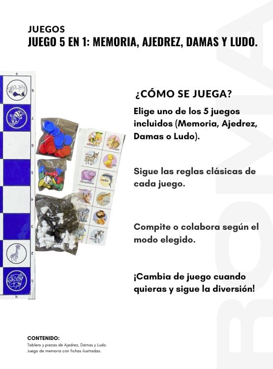 PACK 2 KIT EDUCATIVO JUEGO 5 EN 1: MEMORIA, AJEDREZ, DAMAS Y LUDO - 3