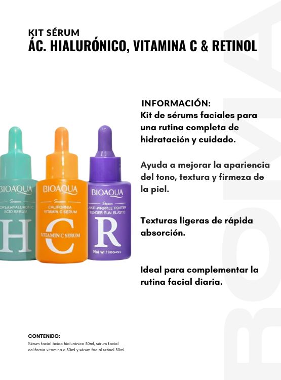 KIT SÉRUM ÁCIDO HIALURÓNICO, VITAMINA C Y RETINOL 3 PZS BIOAQUA - 2