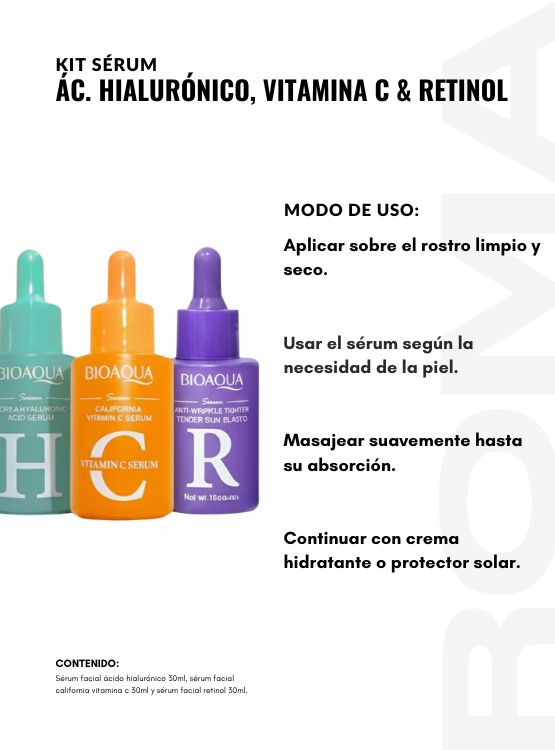 KIT SÉRUM ÁCIDO HIALURÓNICO, VITAMINA C Y RETINOL 3 PZS BIOAQUA - 3