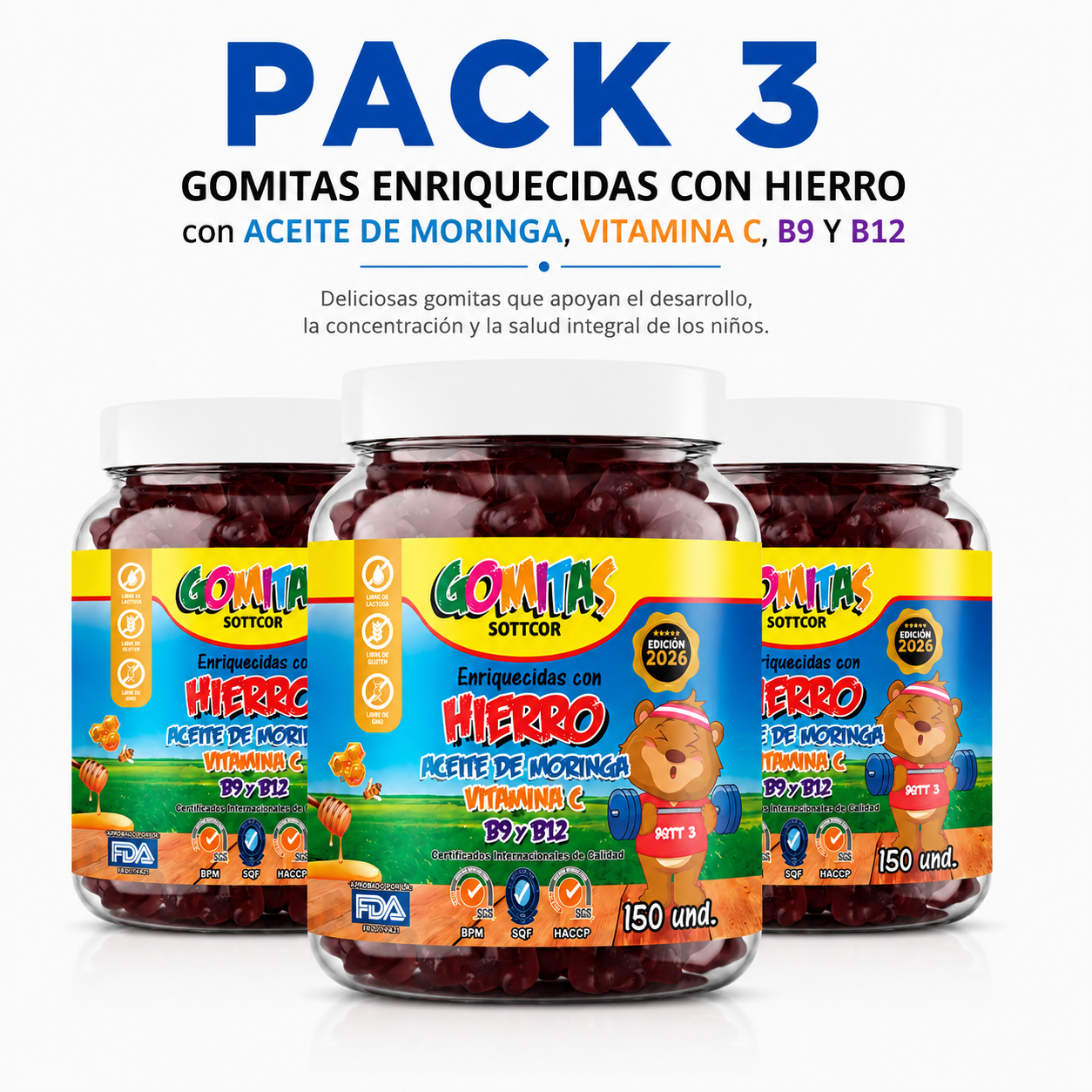 PACK 3 GOMITAS HIERRO PARA NIÑOS SOTTCOR LABS 150 UNIDADES - 1