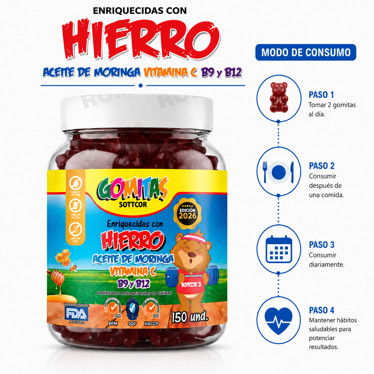 PACK 3 GOMITAS HIERRO PARA NIÑOS SOTTCOR LABS 150 UNIDADES - 3